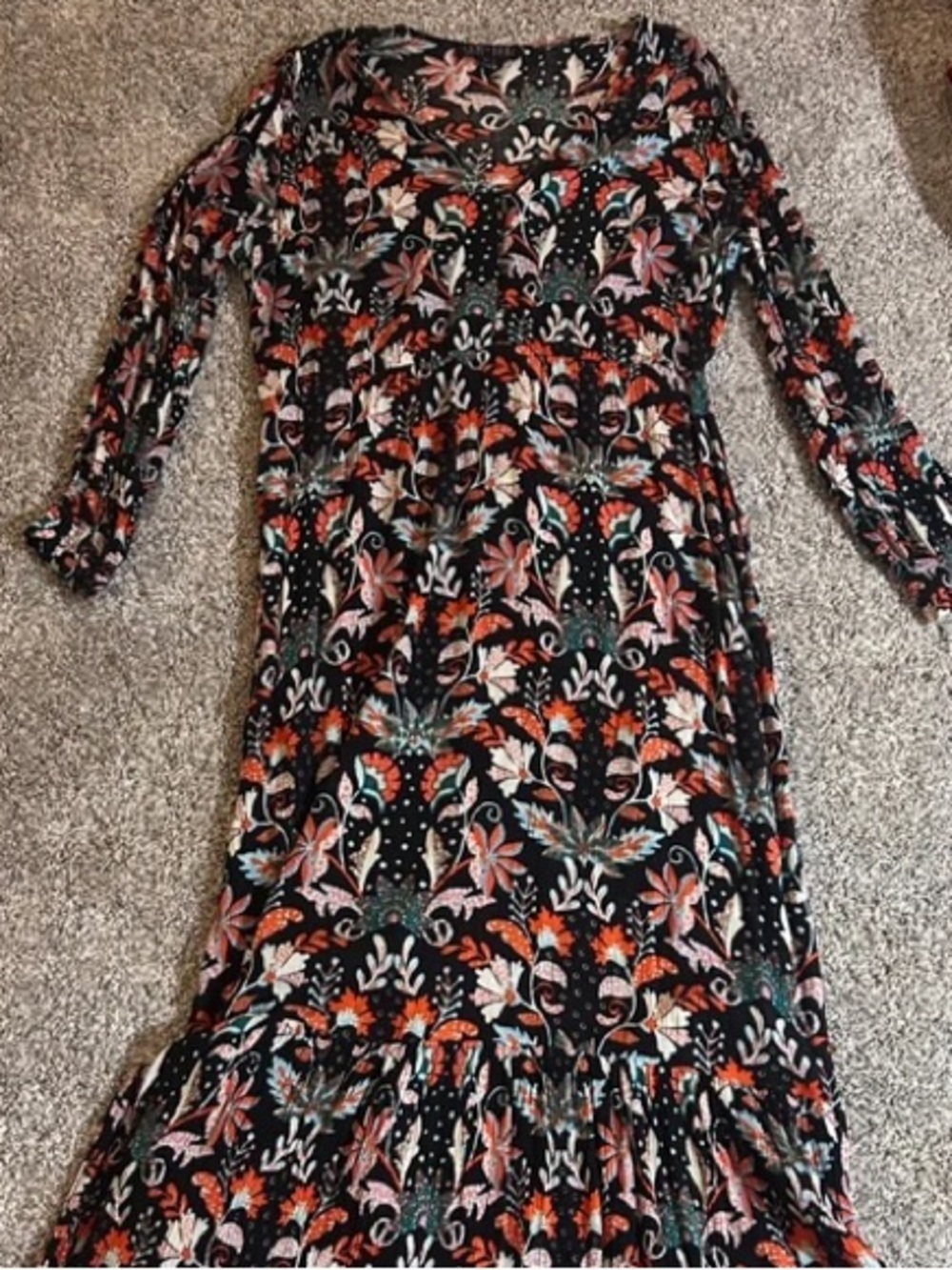 Floral Tiered Long Sleeve Maxi Dress in Black and Coral